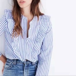 Madewell Blue and White Striped Whitney Ruffle Button-down Blouse
